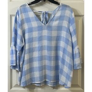 Saks Fifth Avenue 3/4 Sleeve Ruffle Blue Check Tie Back Linen Blouse Large EUC
